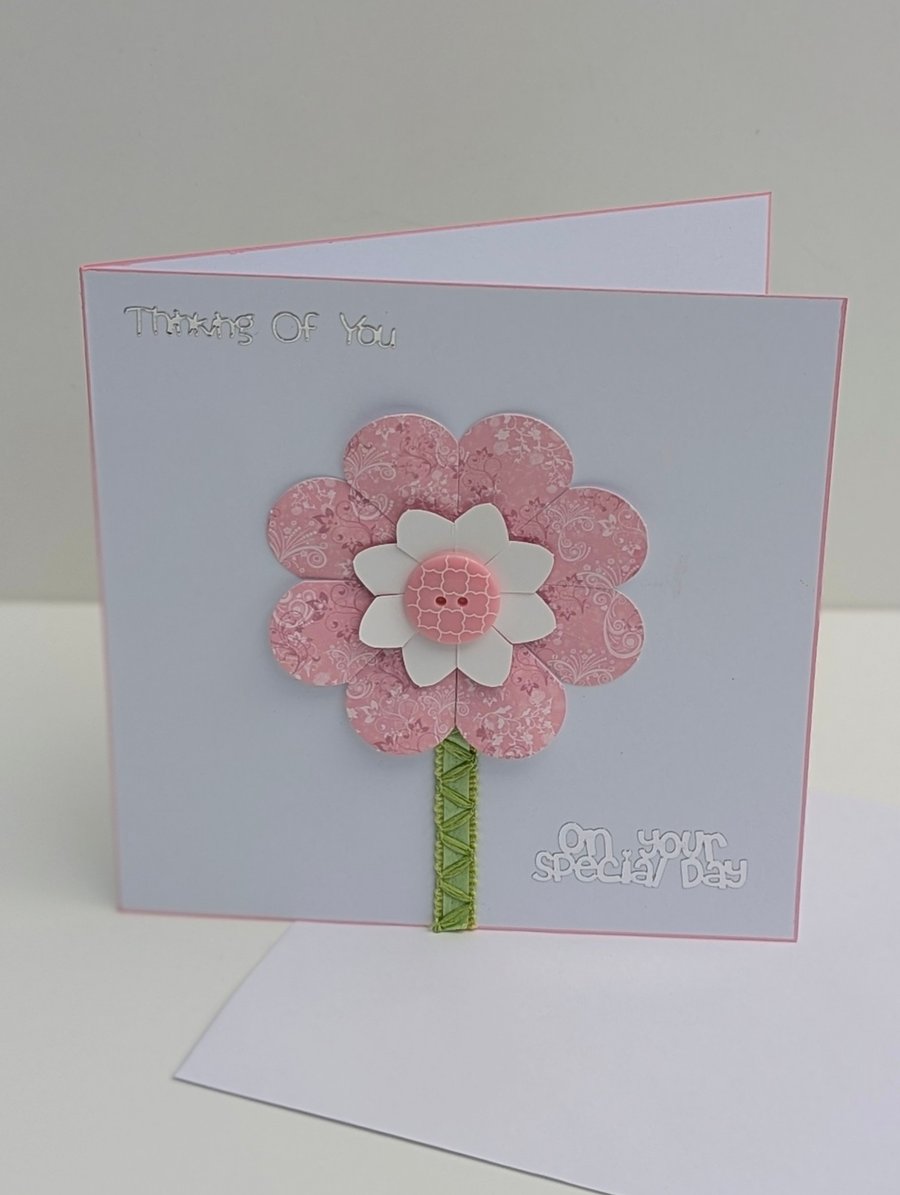 Handmade Birthday card for her with pretty pink flower embellishment 