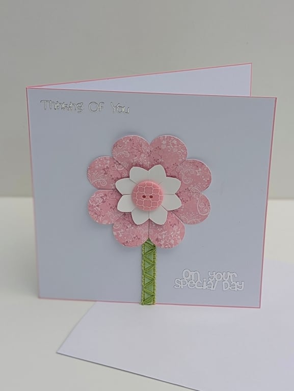 Handmade Birthday card for her with pretty pink flower embellishment 