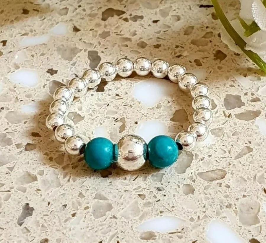 Turquoise ring stretchy sterling silver ring stretchy beaded ring handmade ring