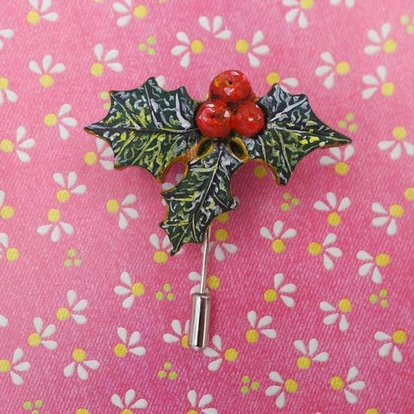 Christmas HOLLY & RED BERRIES Pin Festive Wedding Brooch HAND PAINTED
