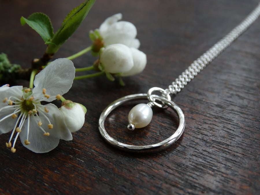 Silver hoop and pearl pendant in recycled silver