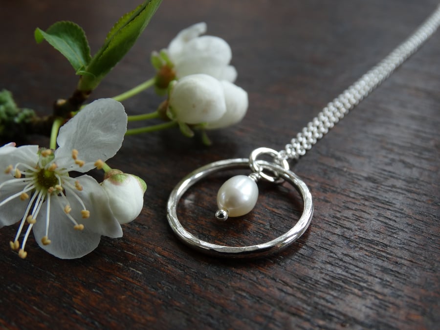 Silver hoop and pearl pendant - recycled silver - June birthstone
