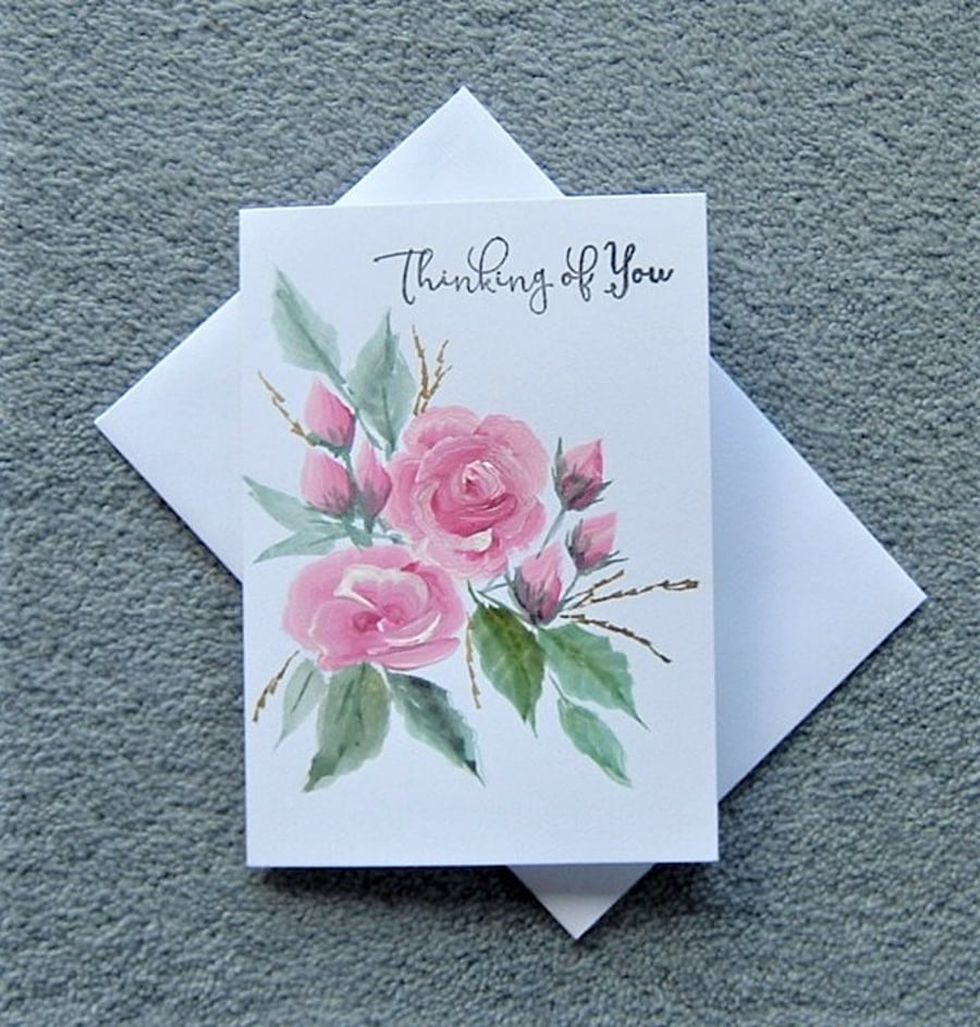 Thinking of you hand painted pink rose sentiment greetings card ( ref F 176 )