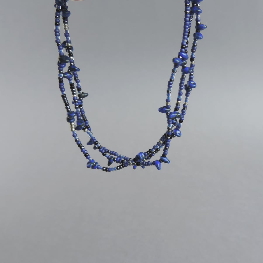 Long Royal Blue Necklace - Dark Blue Beaded Necklaces - Navy Spiky Jewellery