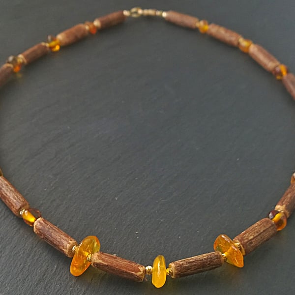 Baltic Amber and Hazel Wood Beaded Necklace.  Unisex. 