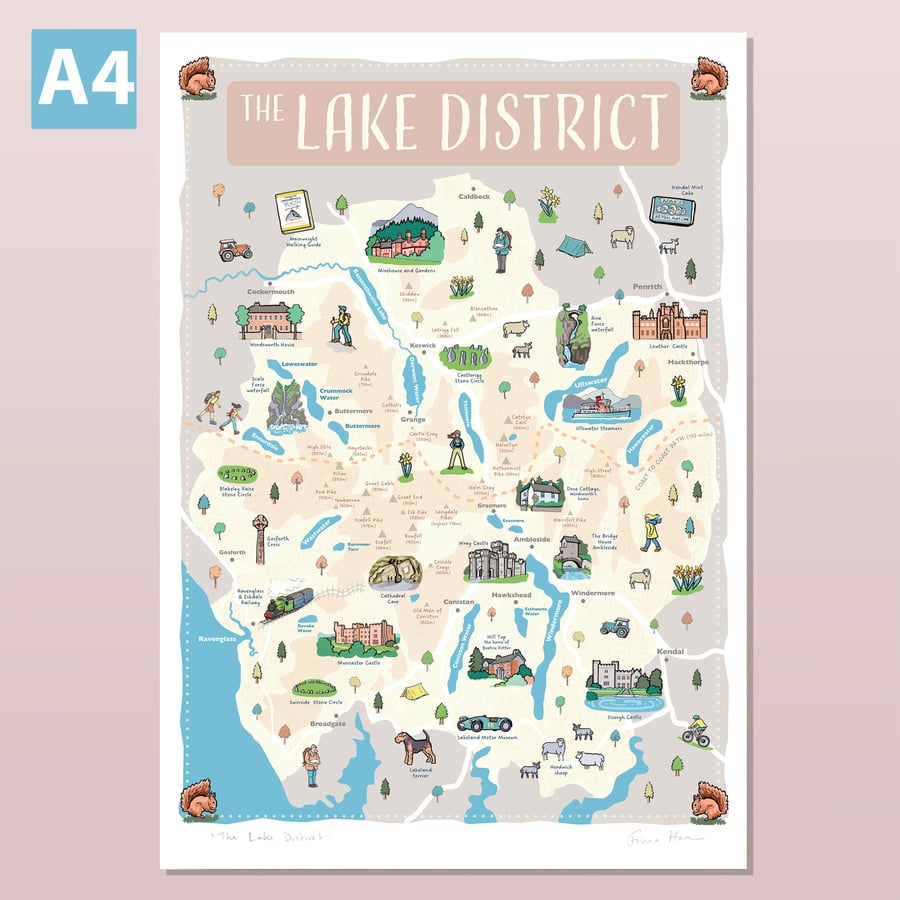 Lake District illustrated map poster, A4 travel print, Cumbria