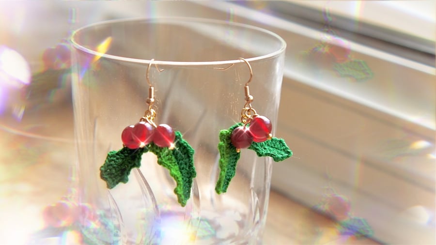 Christmas Red Carnelian Crochet Dangle Earrings 