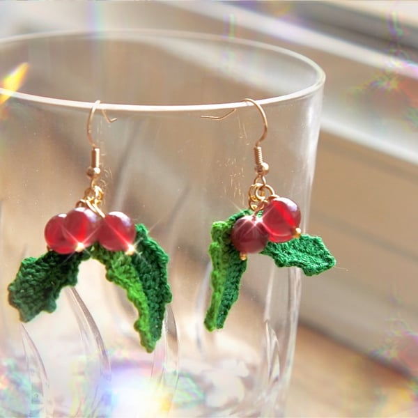 Christmas Red Carnelian Crochet Dangle Earrings 