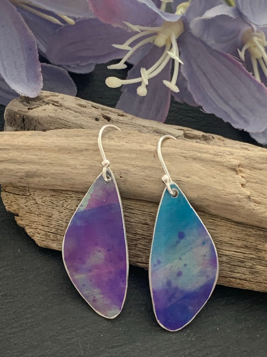 Printed Aluminium and sterling silver earrings - turquoise and purple 