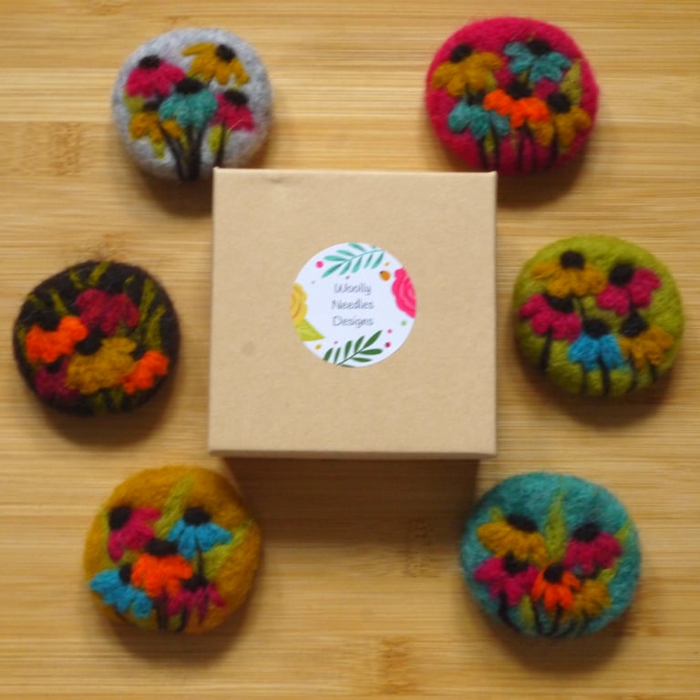 Needle Felted Handmade Floral Brooches in various colours
