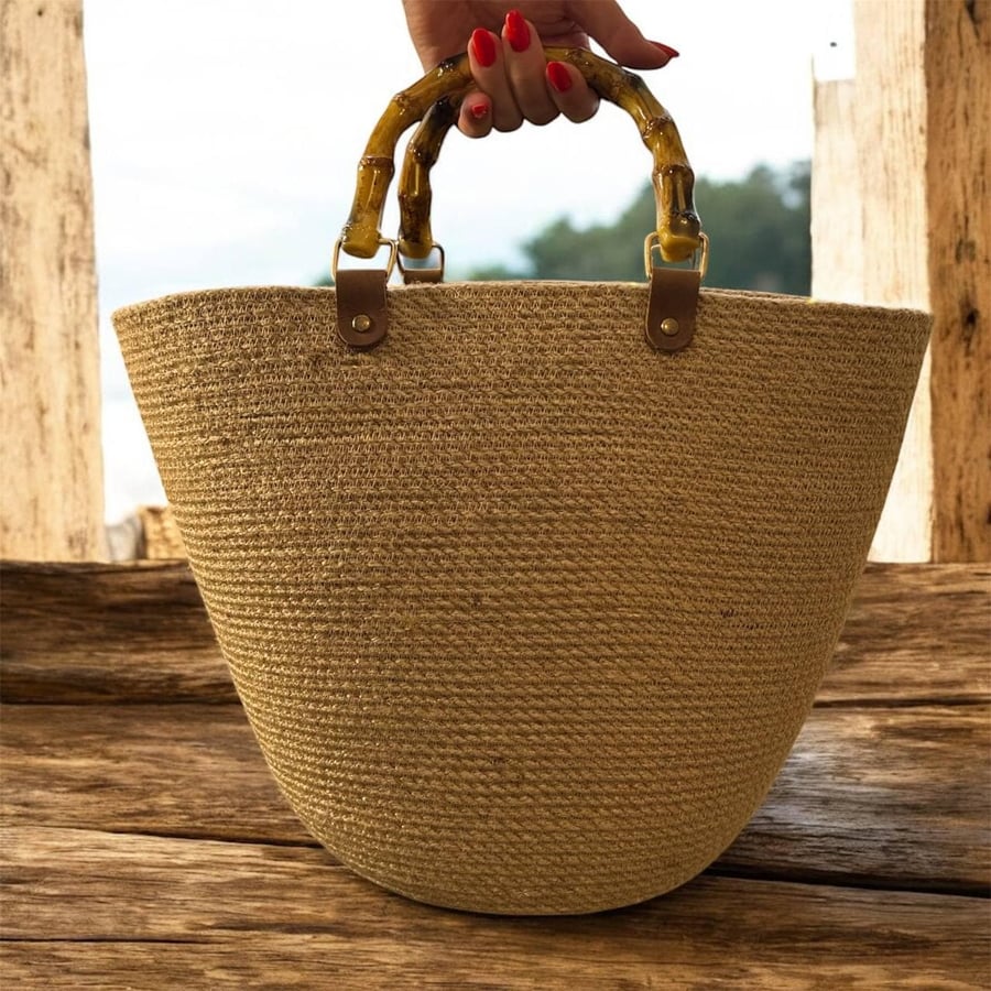 Handmade Jute Tote Bag with Bamboo-Style Handles Natural Summer Beach & Market B