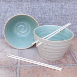 Pair of noodle, soup, salad or rice bowl handmade stoneware wheelthrown pottery 