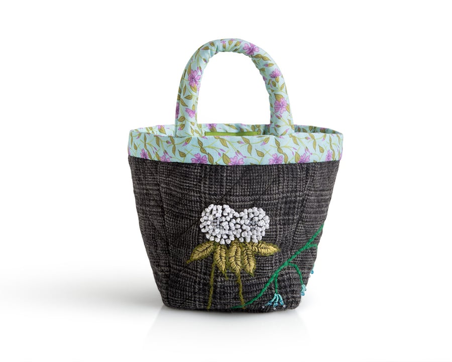 Grey check bijou project bag with clover and bluebell embroidery