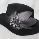 Dark Grey Handmade Rustic Steampunk Feather Satin Ruffle and Cog Hat Hair Clip