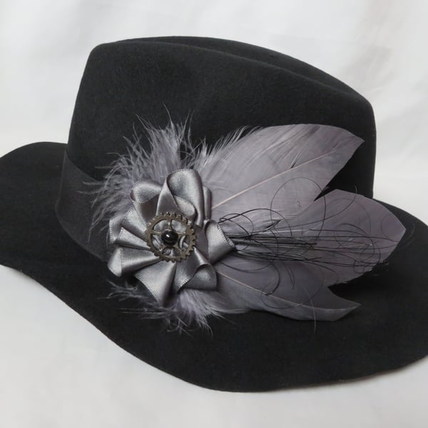 Dark Grey Handmade Rustic Steampunk Feather Satin Ruffle and Cog Hat Hair Clip
