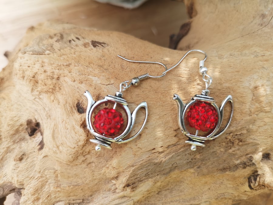 Red crystal pava teapot charm earrings