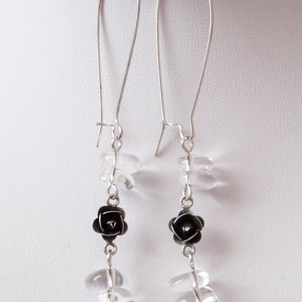 Clear Quartz Flower Drop Earrings- Genuine Gemstone 