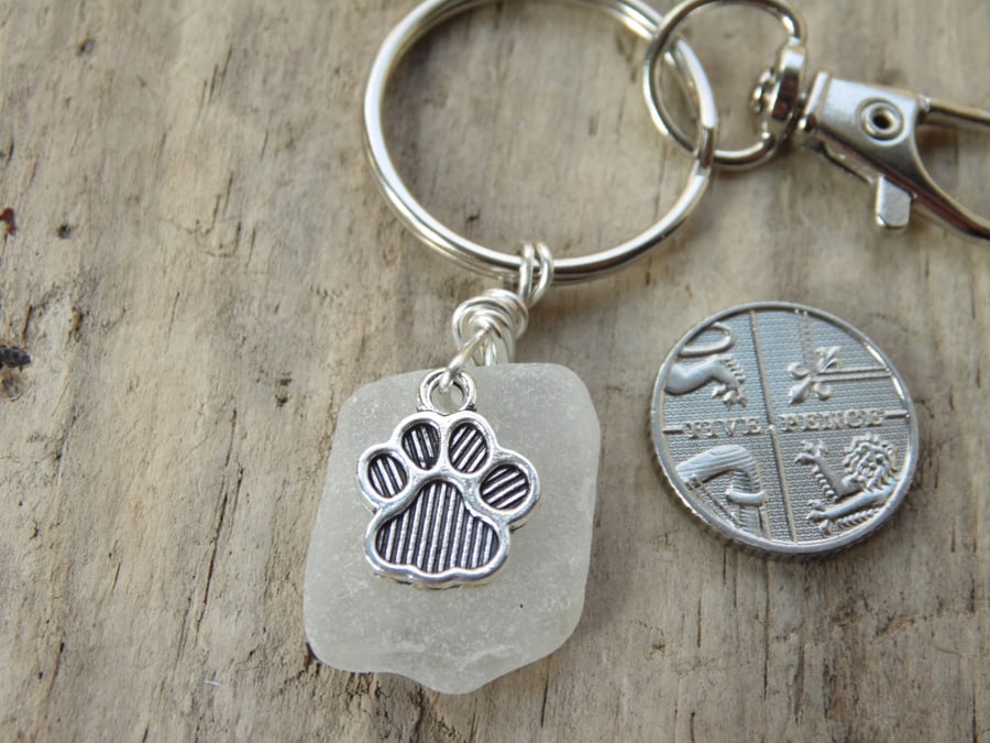 White Cornish Sea Glass with Paw Print Charm Bag Charm Keyring K577