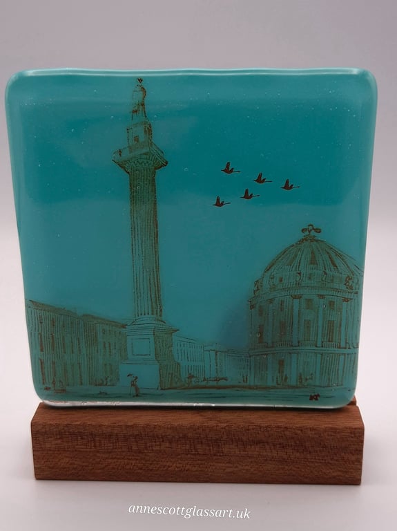 Greys Monument on Turquoise Blue Fused Glass Panel on Block