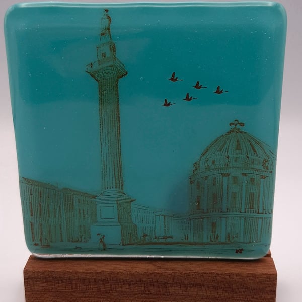 Greys Monument on Turquoise Blue Fused Glass Panel on Block