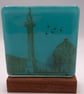 Greys Monument on Turquoise Blue Fused Glass Panel on Block