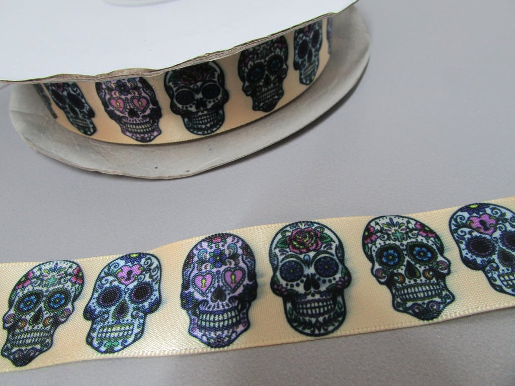 Gold Sugar Skull Calaveras Day of the dead Satin Ribbon x 1 metre