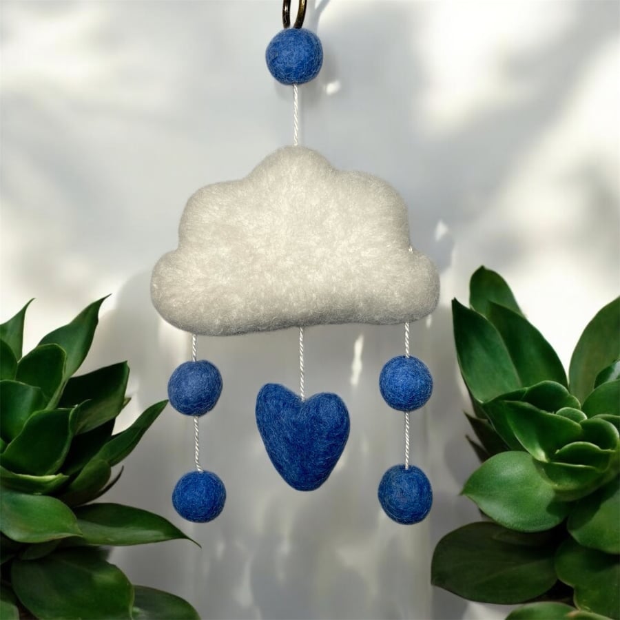 Small felted cloud wall hanging with coloured felt balls and heart (blue)