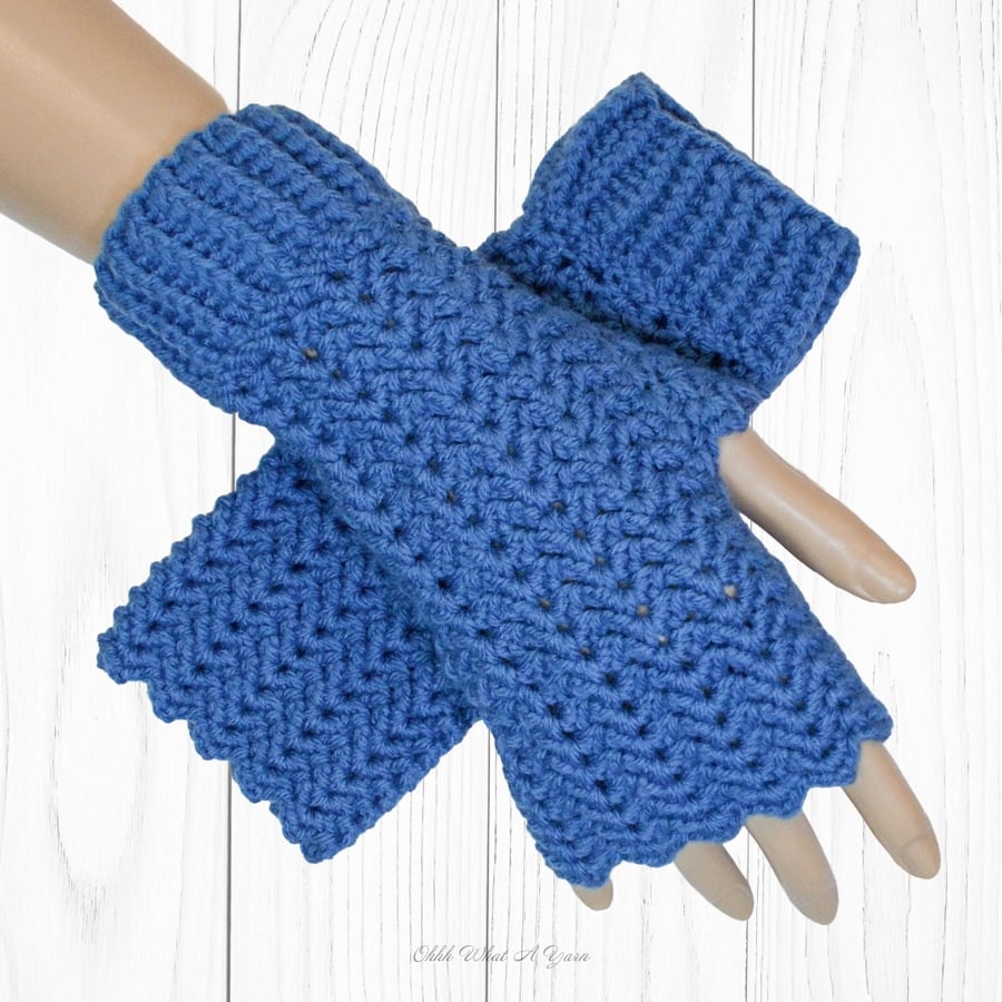 Crochet gloves. Blue ladies gloves, fingerless gloves. Denim blue gloves.