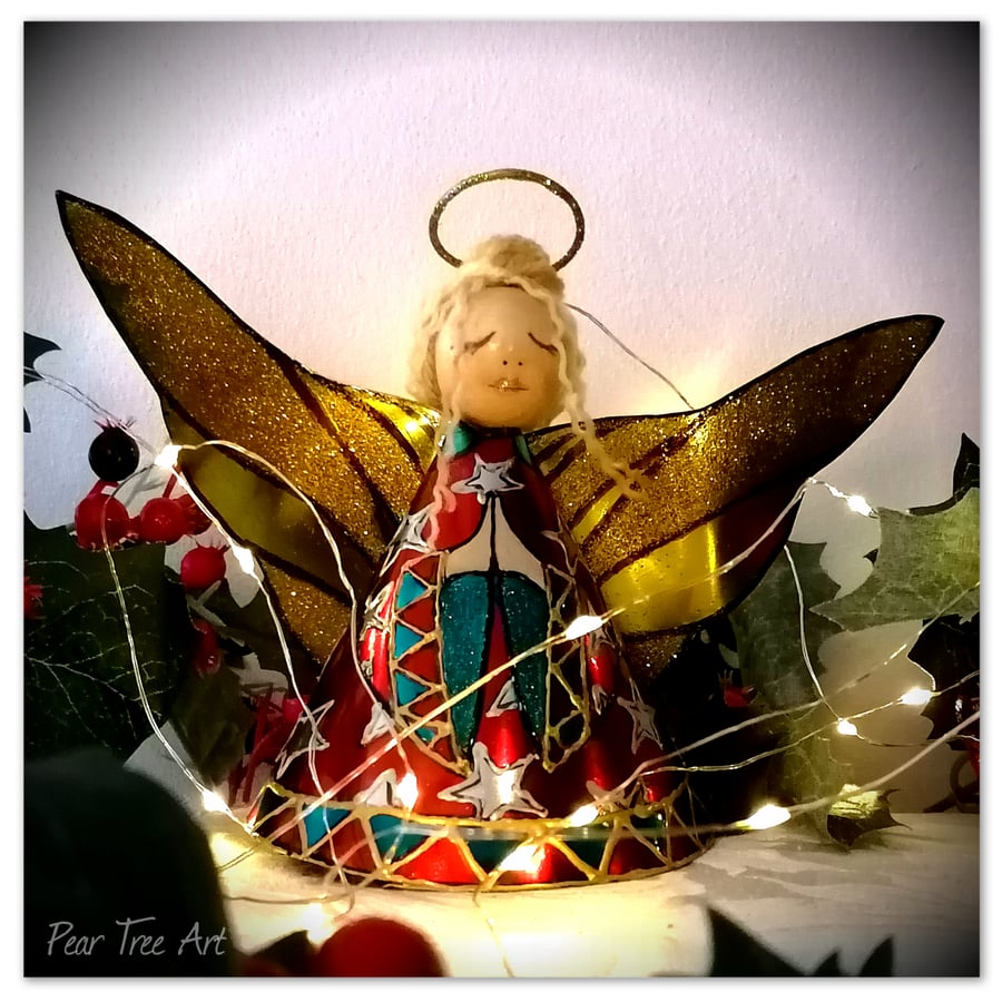 Large: Red Tin Angel Christmas tree topper