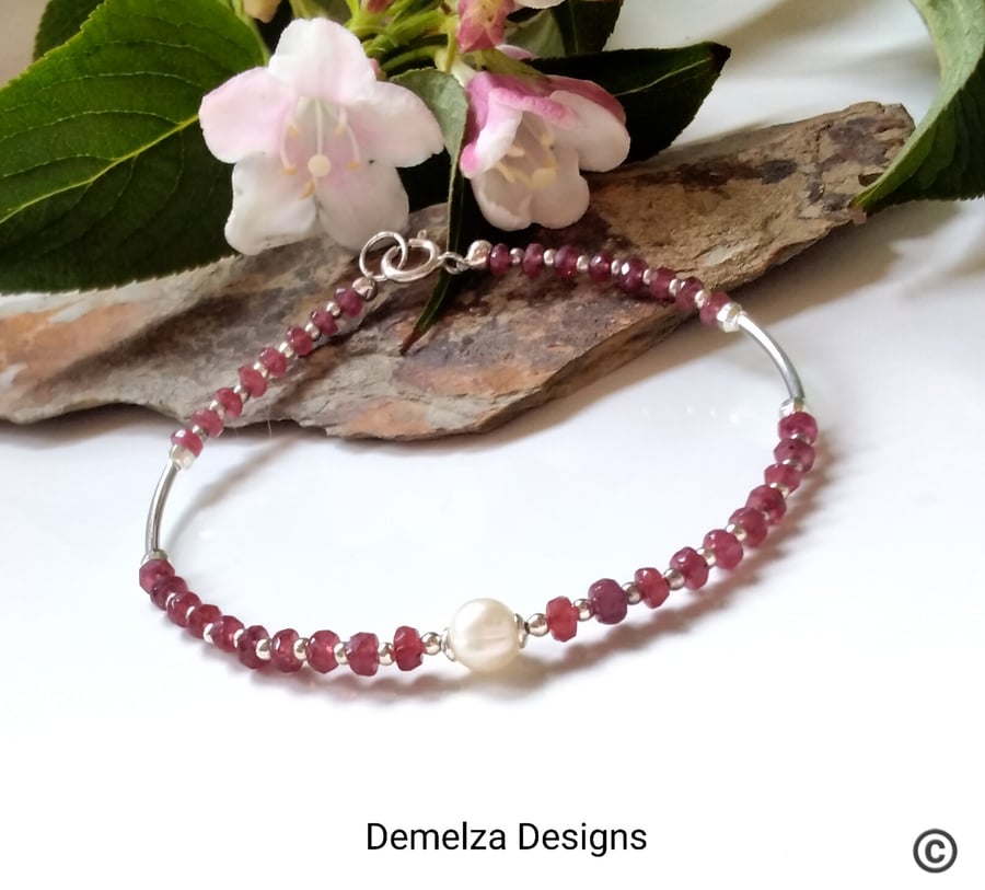 Designer Artisan African Ruby & Freshwater  Pearl Sterling Silver Bracelet