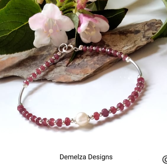 Designer Artisan African Ruby & Freshwater  Pearl Sterling Silver Bracelet