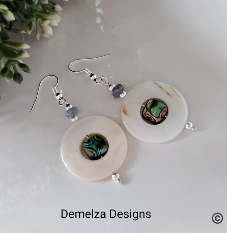 Mother of Pearl,  Abalone Shell & Tanzanite Earrings  Silver Plate