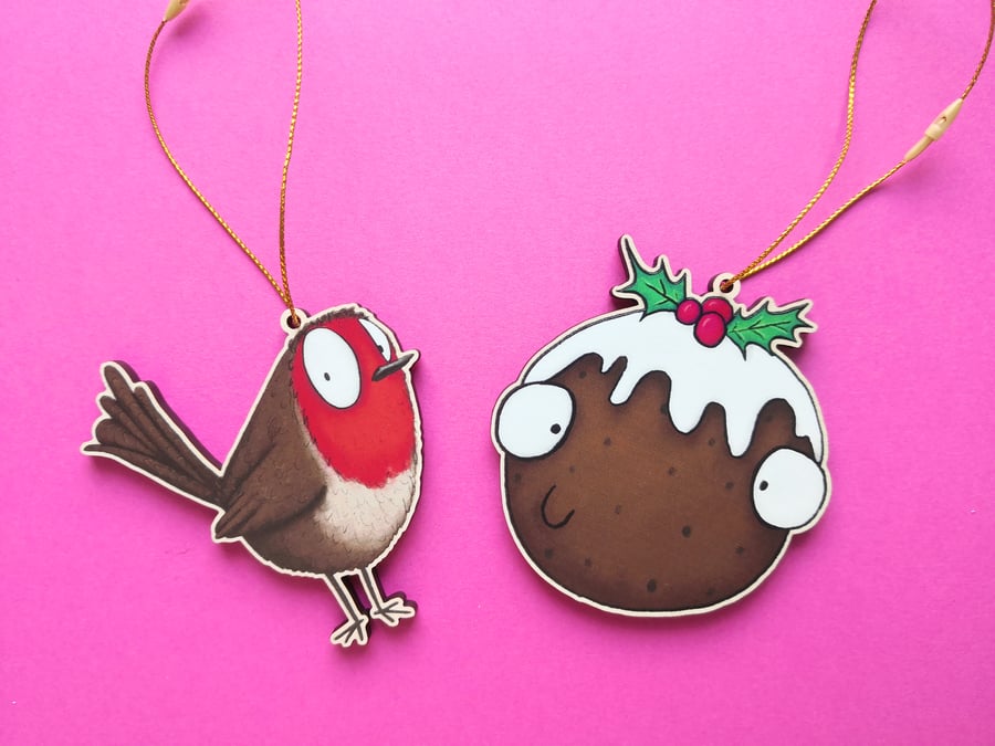 Wooden Christmas decorations - Robin or Pudding