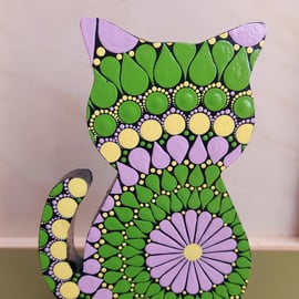 Wooden Cat with Mandala Design