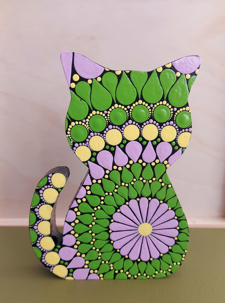 Wooden Cat with Mandala Design
