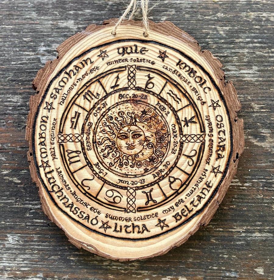 Celtic Sun & Moon Wood-Burned Wheel of The Year Wood Wall Art