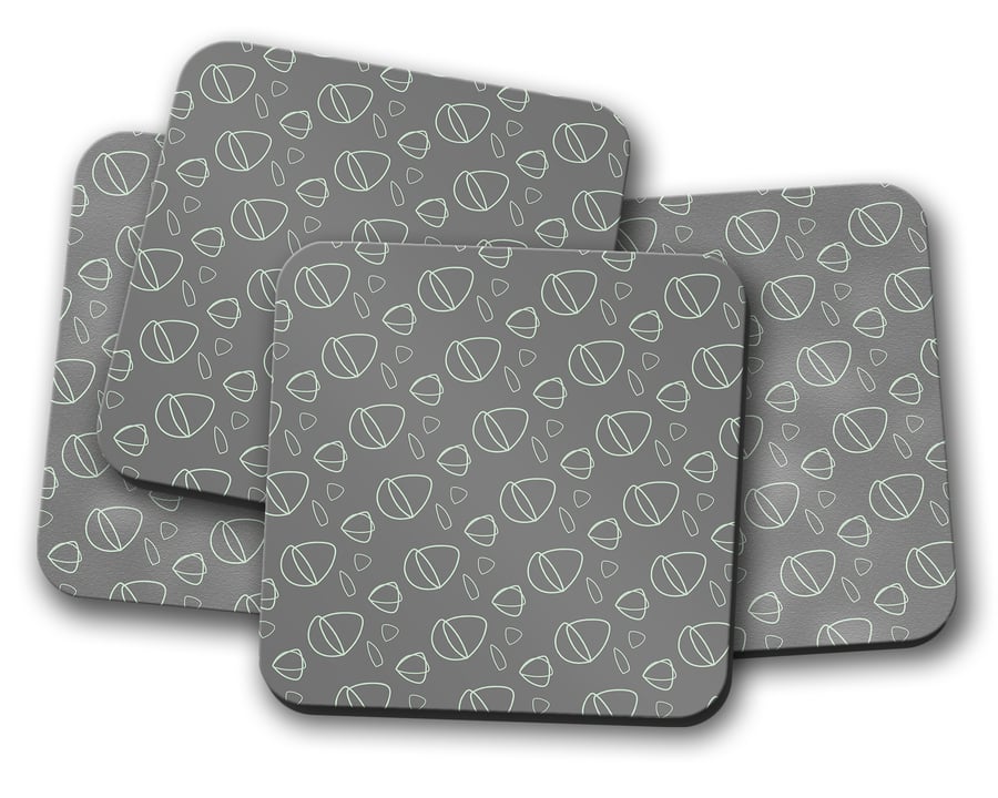 Set of 4 Grey with Mint Green Geometric Design Coasters