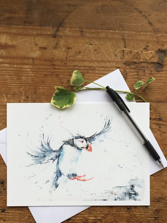 Flying Puffin Card, A5 blank greeting card with a watercolour puffin