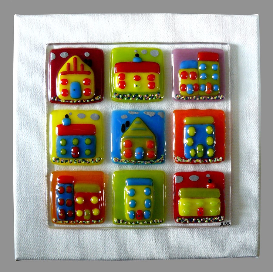 Handmade fused glass 'Little Boxes' picture.
