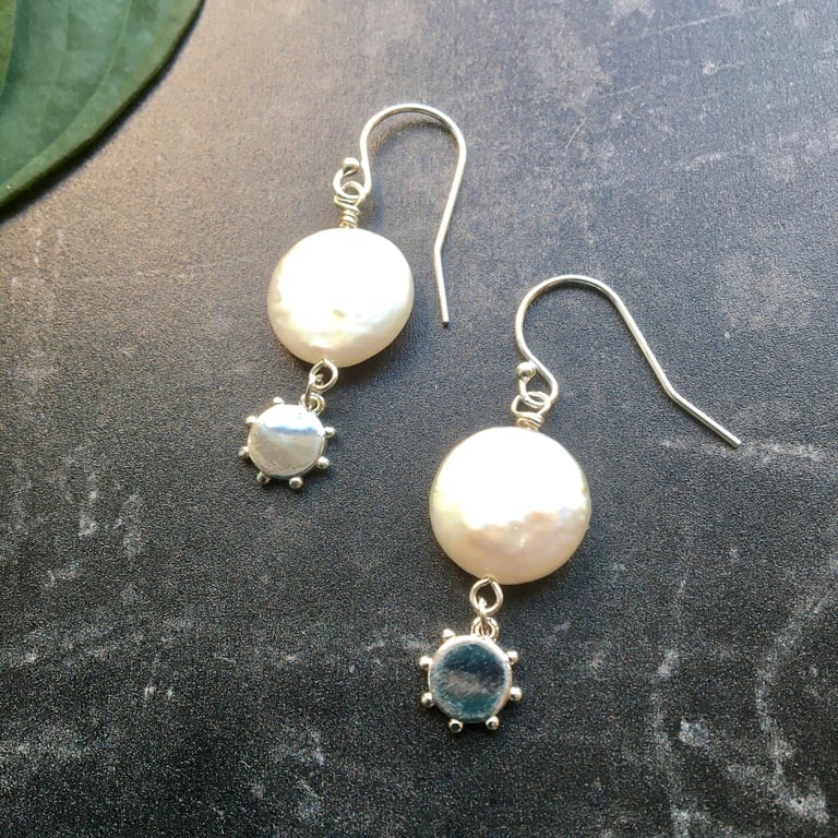 Coin Pearl and Beaded Silver Disc Sterling Silver Earrings