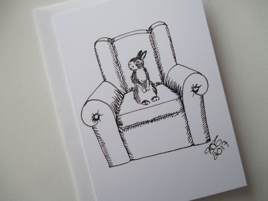 Bunny Rabbit Black & White Monochrome Blank Greetings Card Illustration