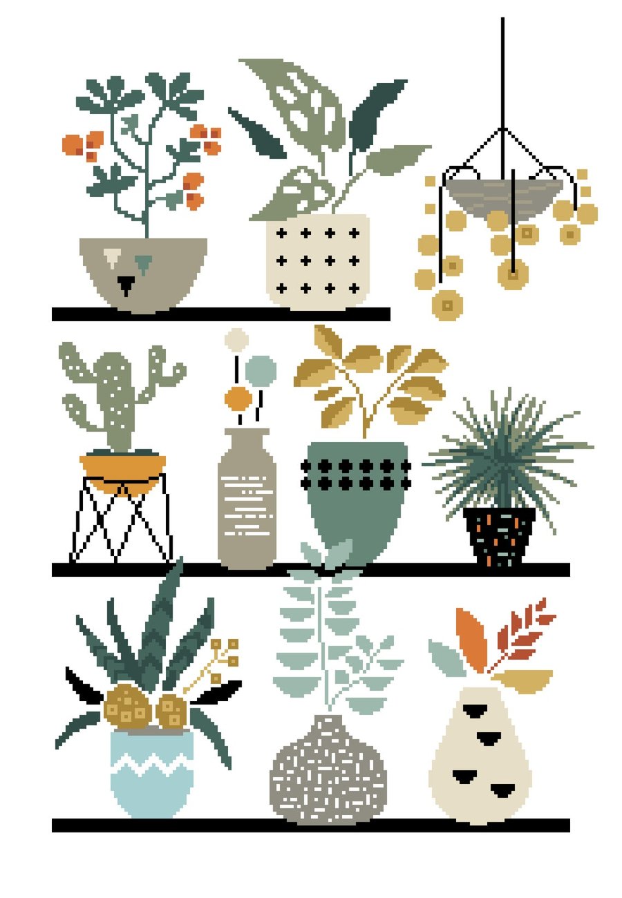 068 - Cross Stitch Mid Century House Pot Plants Pattern