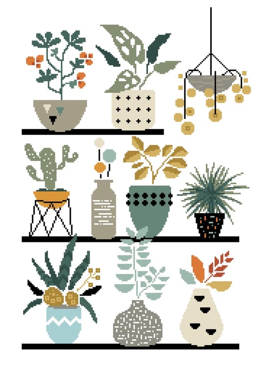 068 - Cross Stitch Mid Century House Pot Plants Pattern