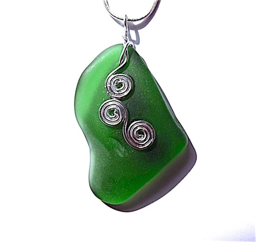 Sea tumbled glass pendant, on snake chain, pale emerald green.