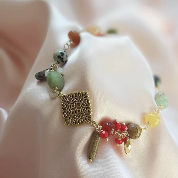 Multicoloured Beaded Wire Wrapped Bracelet–Colourful Handmade Statement 