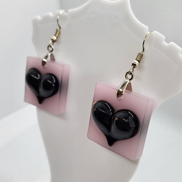 3D Black & Pink Heart Earrings