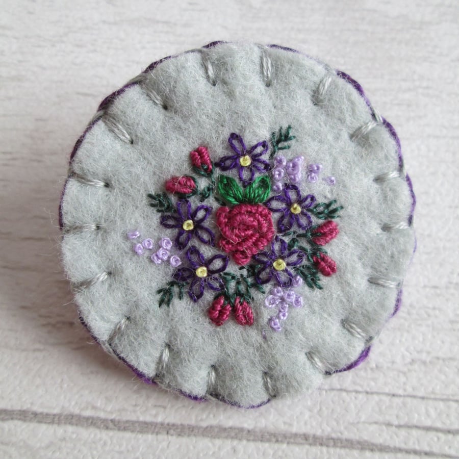 SOLD - Hand Embroidered Floral Brooch on Silver Grey Wool Felt