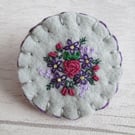 Hand Embroidered Floral Brooch on Silver Grey Wool Felt
