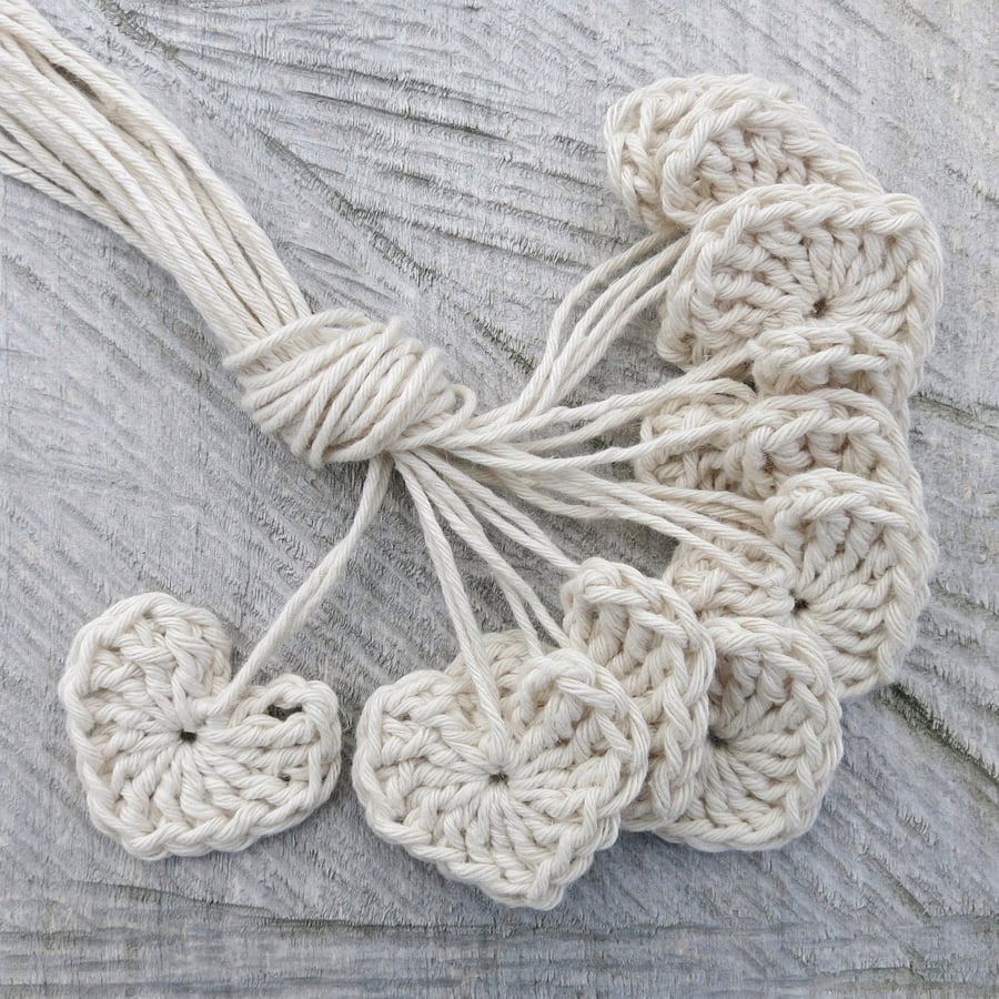 Ten Crochet Hearts in a Cotton and Hemp Mix Yarn - White Sands