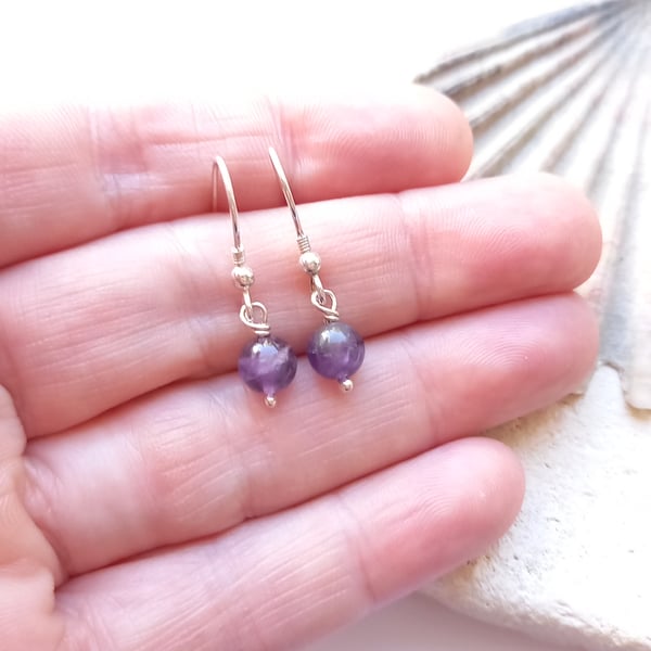 6mm Minimalist Amethyst Earrings with Sterling Silver Hooks